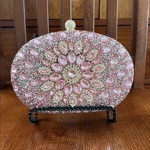 Luxury Pink Rhinestone Evening Clutch – Wedding & Formal Purse w/ Gold Chain.